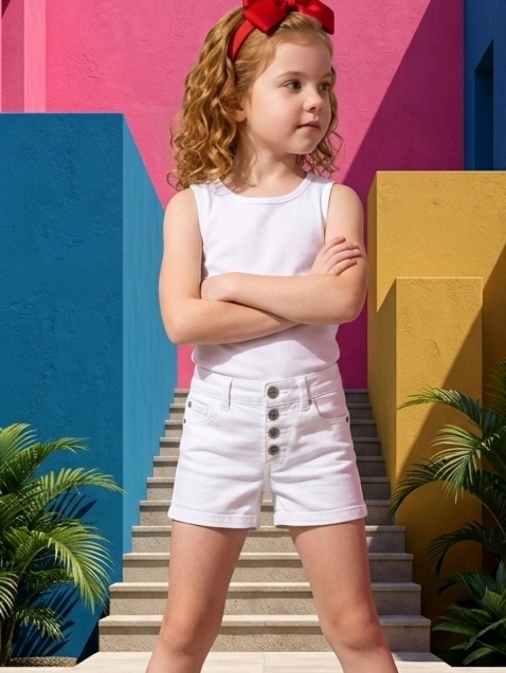 NWT Girls White Button Fly Snaps Denim Shortie ~5